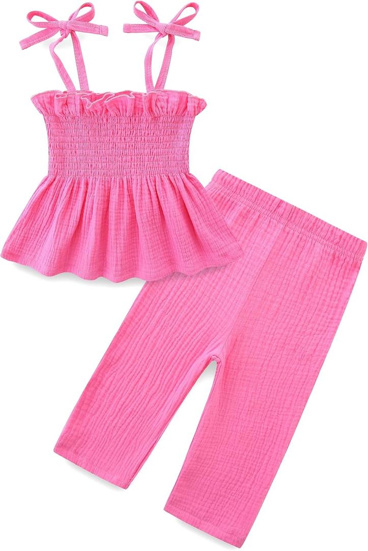 Toddler Girl Summer Clothes Solid Color Sweet Camisole Ruffle 2-Piece Infant Cotton Linen Pants Set (Pink)