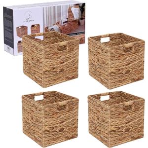 12x12in Storage Baskets Set of 4 Water Hyacinth Baskets,Foldable Handwoven Storage Cubes,Wicker Cube Baskets Laundry Organizer Totes for Home