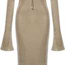 meilun Deep V Dress with Drawstring Long Sleeve Sequin Dress for Women Long Gown (Large, As Shown)