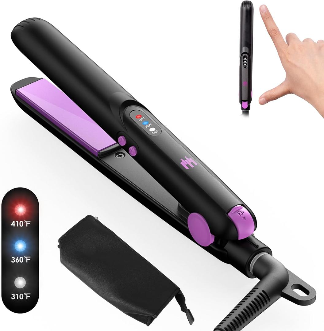 Mini Ceramic Flat Iron 0.7 Inch, Hair Straightener for Short Hair, Curls, Bangs - Adjustable Temperature, Portable Dual Voltage with Travel Pouch for Women, Men (Purple)