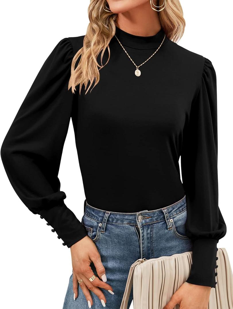 Qirno Womens Mock Neck Puff Long Sleeve Tops Casual Loose Solid Basic T Shirt Button Cuffs Pullovers Shirts Blouse (XX-Large, Black)
