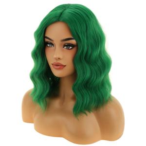 RIGHTON Emerald Green Wig for Women Short Curly Wig Green Beach Wave Wigs with Hairnet