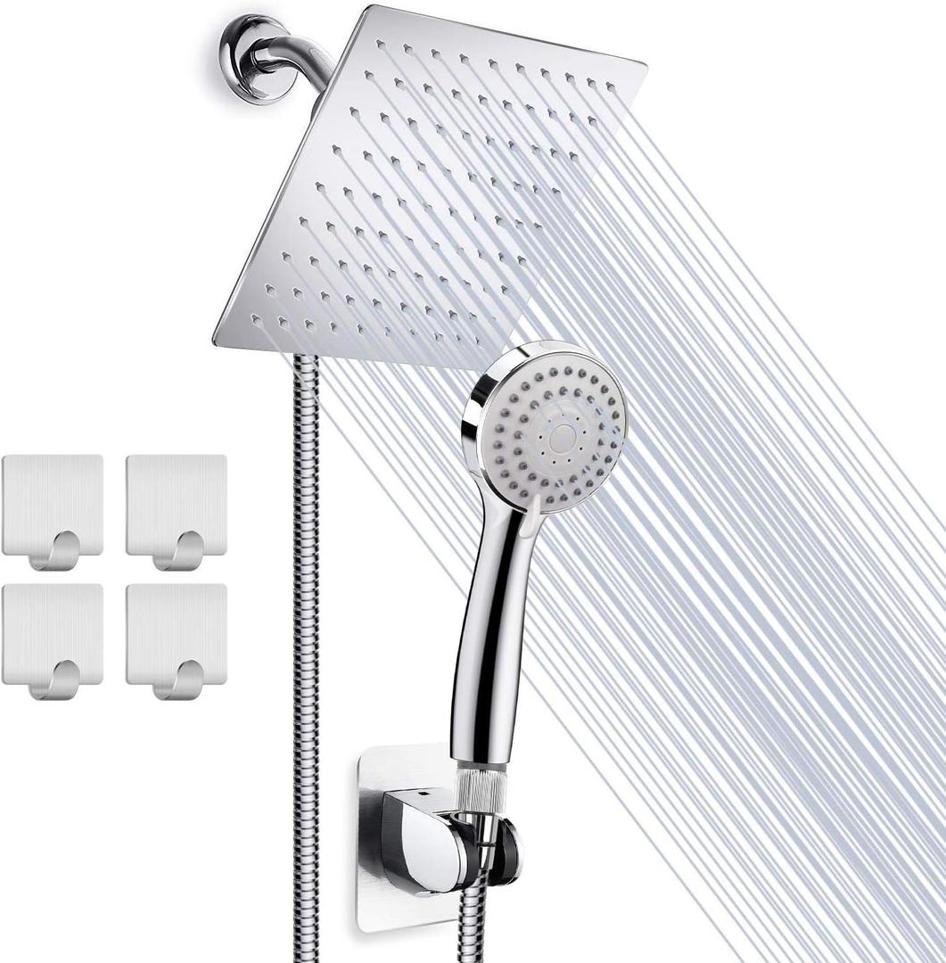 Stainless Steel Shower Head/Handheld Combo Set, 8'' Rainfall with 60'' Hose, Anti-leak, Flow Regulator, Chrome, 4 Shower Hooks (Sliver)
