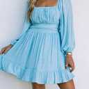 Dokotoo Womens Dress Long Lantern Sleeve Square Neck Tie Backless Sexy Dress Ruffle Elastic Waist A-Line Mini Dress (Blue, M)