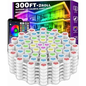 300FT Permanent Outdoor RGB Lights - IP67 Waterproof with Smart App Control Remote, DIY Scene Modes, Music Synchronization, Eaves Light for Garden Decor, Deck, Christmas, Party, Party, Halloween,Roof