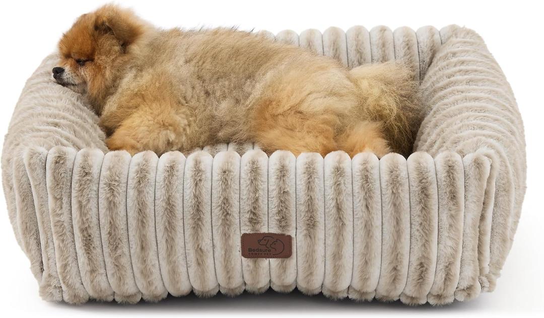 Bedsure ComfyFleece Cute Dog Bed for Small Medium Dogs - Washable Furry Puppy Beds, Rectangle Orthopedic Corduroy Fleece Pet Beds with Removable Zipper Cover, 25x21x7inches, Amphora