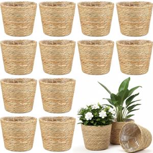 12 Pcs Seagrass Plant Basket with Plastic Liners Woven Stylish Planter Baskets Bulk Indoor Outdoor Plants Woven Wicker Baskets for Flower Pots Cover and Room Decor Small (Small, Rustic)