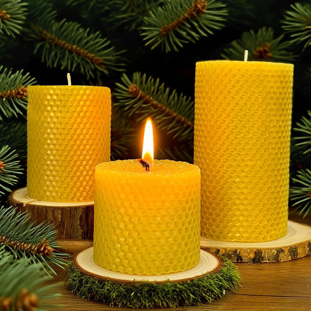 Beeswax Pillar Candles Set of 3, Size 3"x6", 3"x 4" & 3"x 3", Natural Bees Wax Candle Sheet Handrolled for Home Décor, Yellow