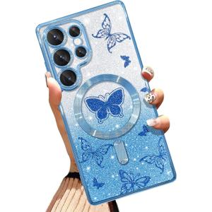 AIGOMARA Phone Case Made for Samsung Galaxy S25 Ultra [Wireless Charging Compatible] Butterfly Design Soft TPU Glitter Bling Case Shockproof Anti-Scratch Phone Cover for Women - Blue
