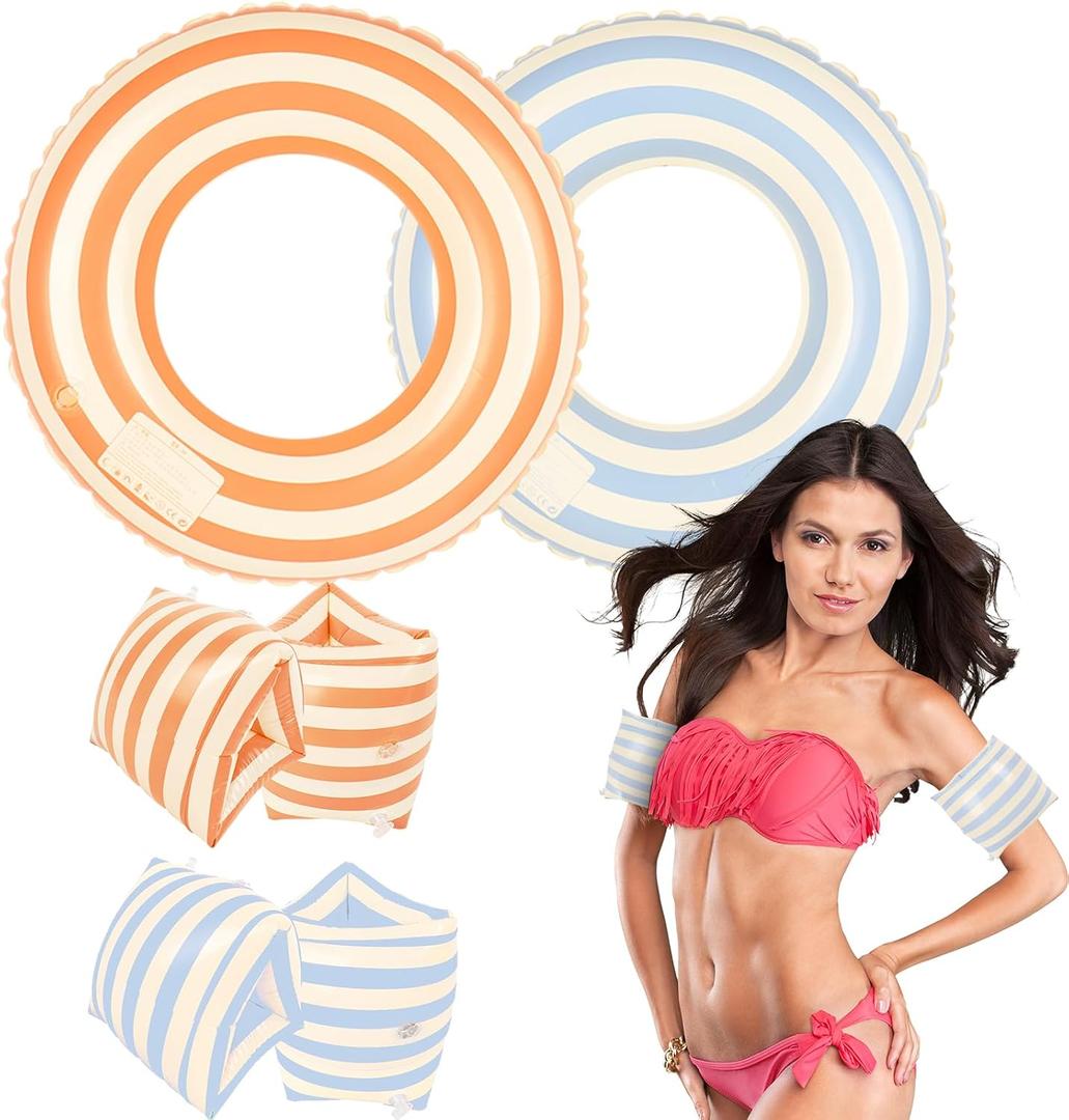 FYSUIMU 6Pcs Striped Inflatable Pool Floats Swim Rings PVC Pool Arm Floaties for Adults Summer Hawaiian Beach Party Decor (Blue, Orange)