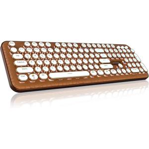 Typewriter Keyboard with Faux Leather Panel, Wireless 2.4G/Bluetooth/Wired USB-C, Aesthetic Mechanical Gaming Keyboard 104-Key Clicky Blue Switch, White LED Backlit, Retro Round Keycap, Brown