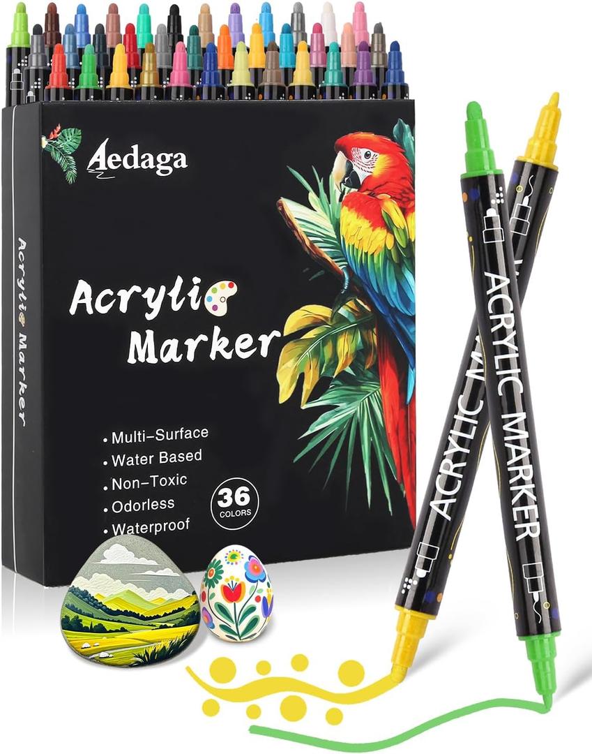 AEDAGA 36 Colors Acrylic Paint Markers, Dual Tip Acrylic Paint Pens with Dot and Fine Tips, Multisurface Markers for Glass, Rock, Fabric, Wood and Plastic