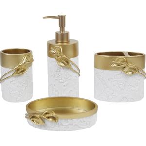 Hymmah Bathroom Accessories Set,Golden Design Toothbrush Holder,Farmhouse Bathroom Decor,4 Pcs Resin Gift Set Apartment Necessities, Contain Toothbrush Cup,Soap Dispenser,Soap Dish,Tumbler