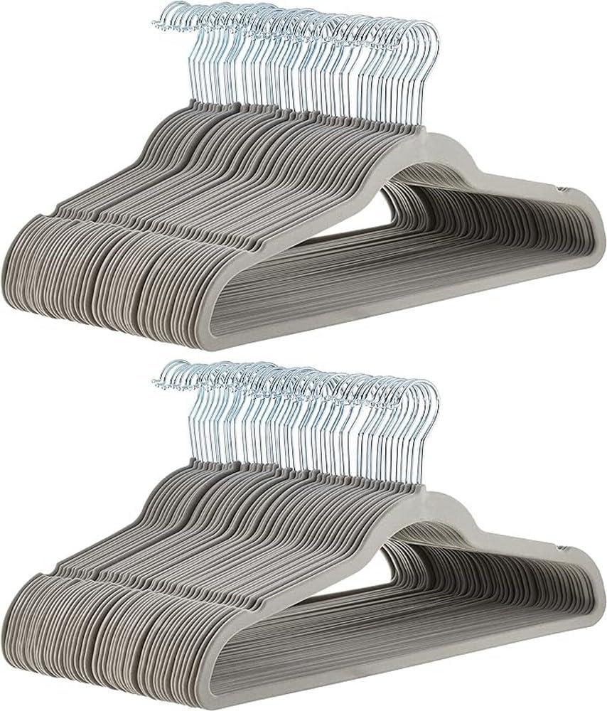 Amazon Basics Slim Velvet Non-Slip Space Saving Suit Clothes Hangers for Closet Organization, Gray/Silver, 100-Pack, Pack of 100