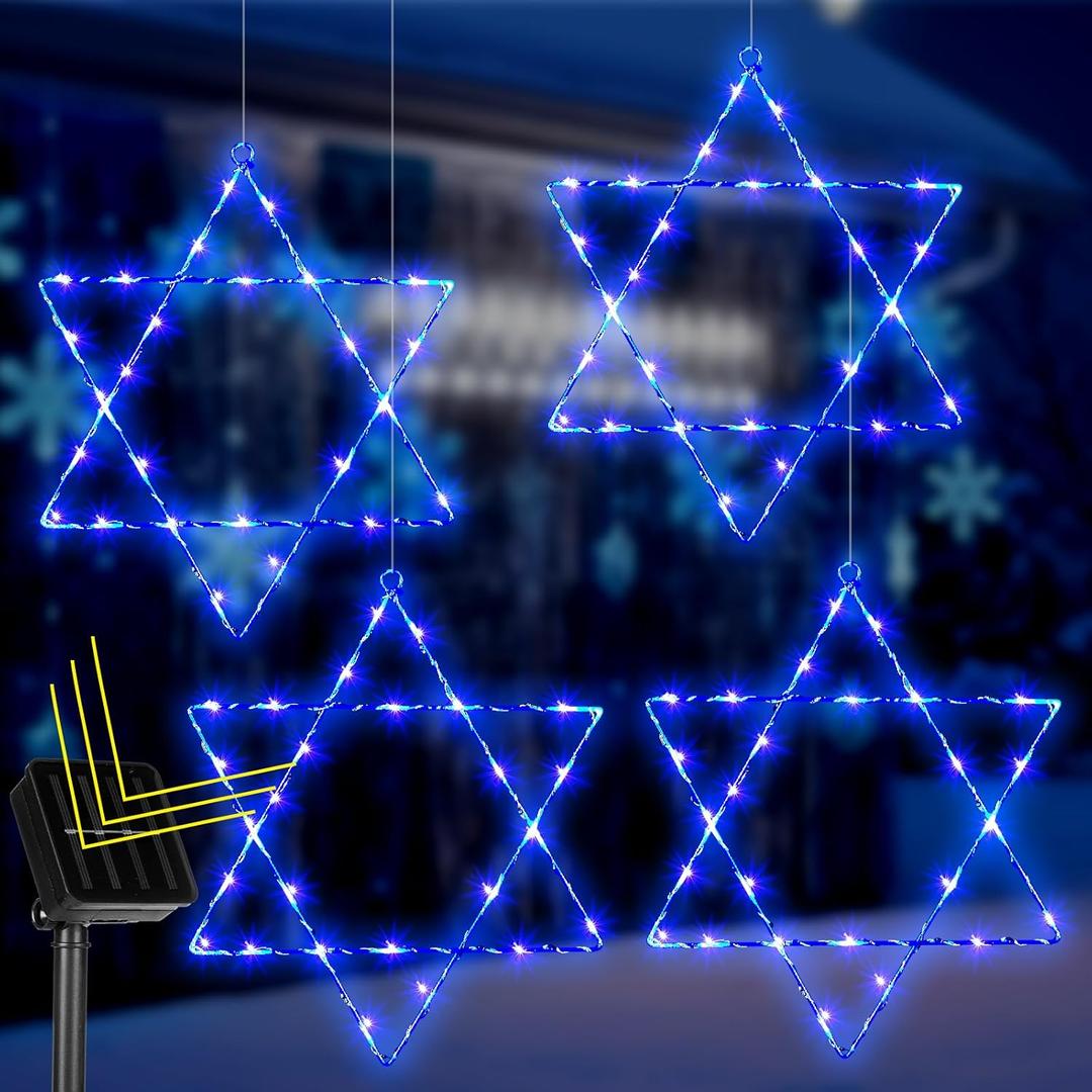 Riakrum 4 Pack Outdoor Hanukkah Decorations Blue Star of David Solar Powered Window Lights Chanukah Hanging Lights with Iron Frame 11.8 Inch for Jews Judaism Synagogue Holiday Front Door Wall Windows