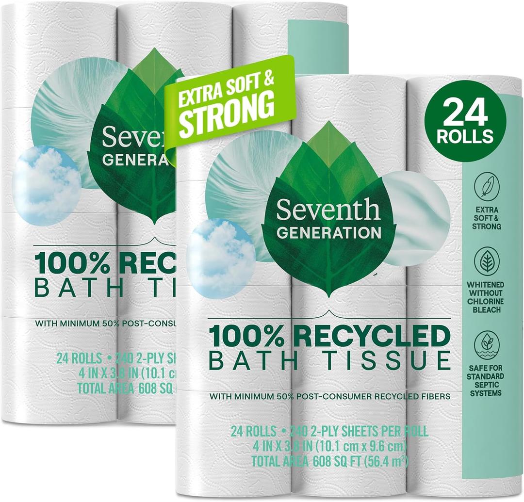 Seventh Generation Toilet Paper White Bathroom Tissue 2-ply 100% Recycled Paper without Chlorine Bleach 24 count, Pack of 2
