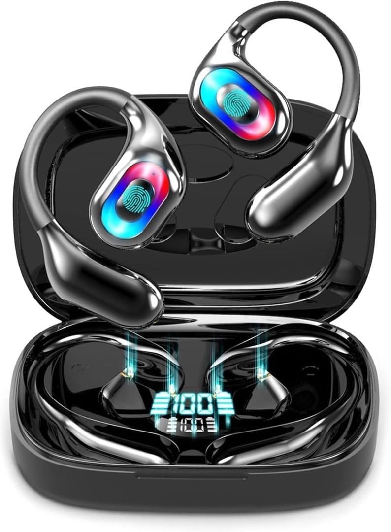 Open Earbuds True Wireless Open Ear Headphones with Safety Lights, Bluetooth 5.4 Over Ear Earbuds with Earhook, 50 H Playtime Ear Buds, Waterproof Open Earphones Fit Sport, Running Black