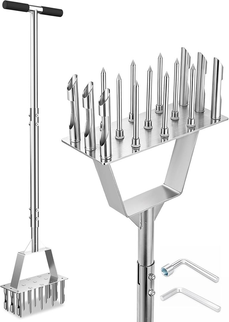 2 in 1 Lawn Aerator & Core Aerator Tool, Stainless Steel Spike Manual Dethatching & Soil Aerator Lawn Tool with 9 Spikes & 6 Cores, Semi-Assembled Grass Aerator for Lawn, Yard Plug Aerator