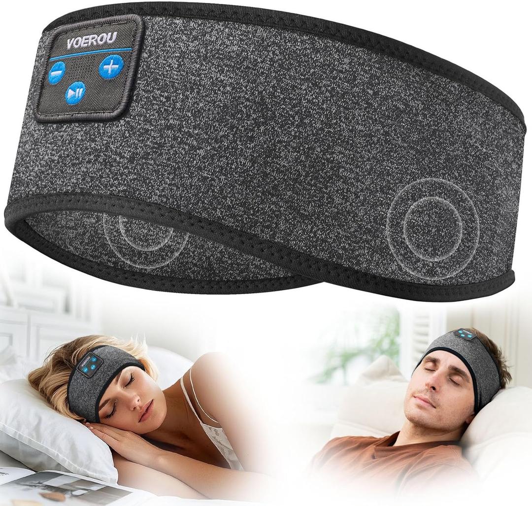 Voerou Sleep Headphones Wireless Bluetooth Headband, Sweat Resistant Sports Headband with Ultra-thin Stereo Speakers for Side Sleepers Sleeping Workout Yoga Running Meditation Unique Gifts Cool Gadget (Black&Grey)