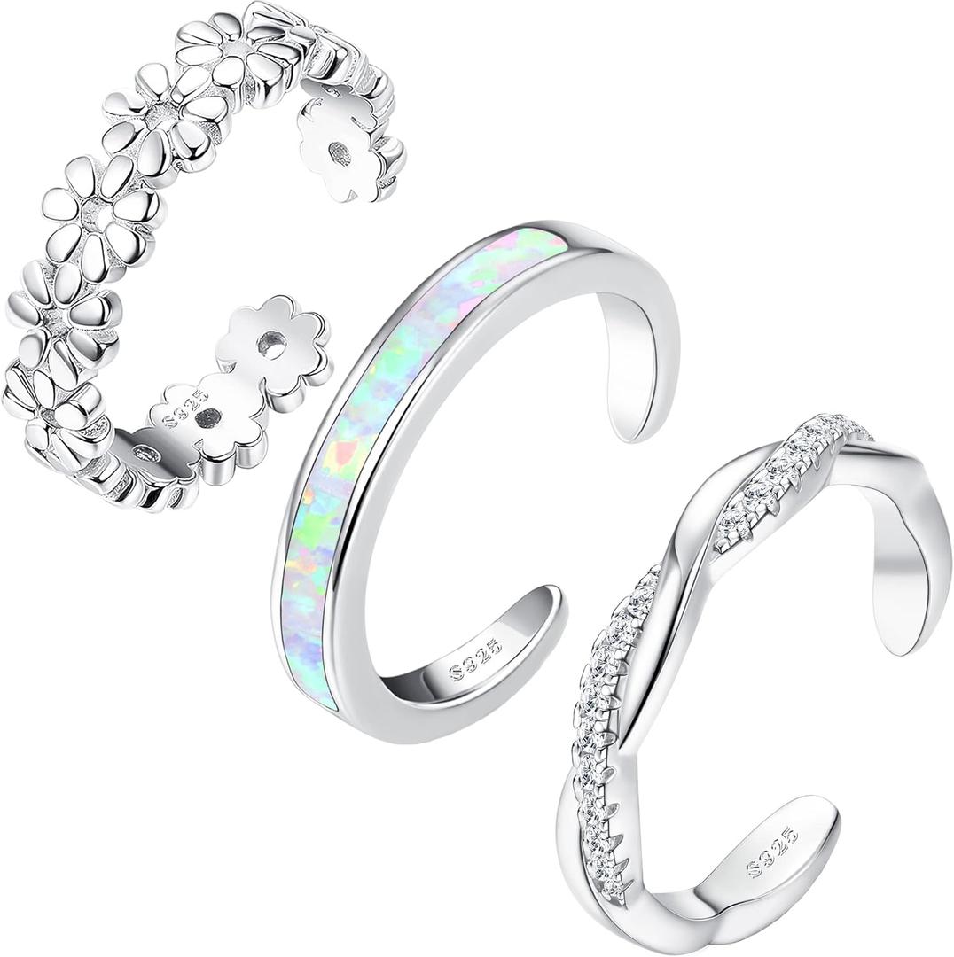 FIASASO 3Pcs 925 Sterling Silver Toe Rings for Women Adjustable 14K White Gold Plated Flower Twist Opal Band Rings Summer Beach Open Toe Rings Foot Jewelry Set