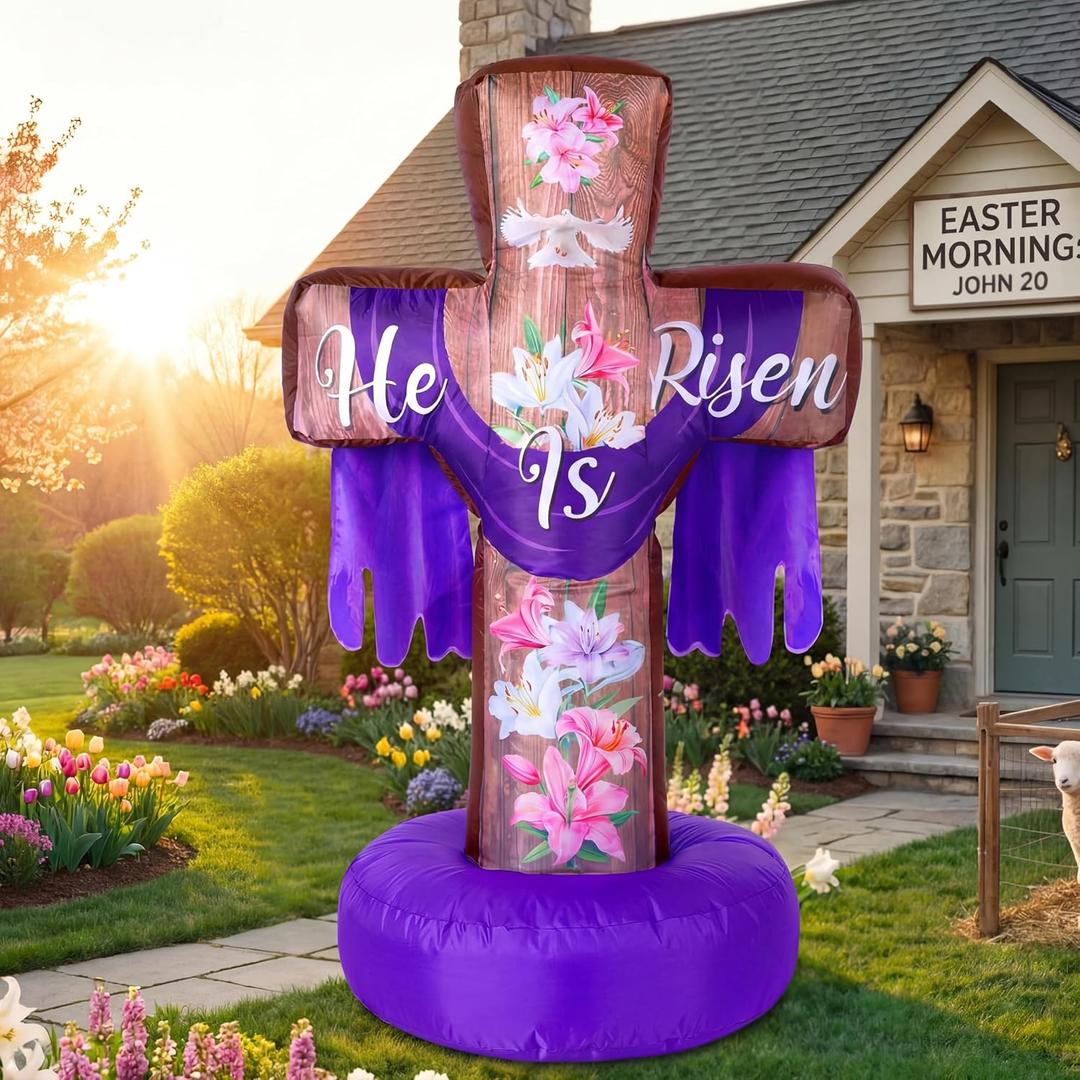 Blueweenly 4ft Easter Inflatables Outdoor Decorations He is Risen Blow up Cross Yard Decorations for Easter Christian Religious Yard Garden Lawn Party