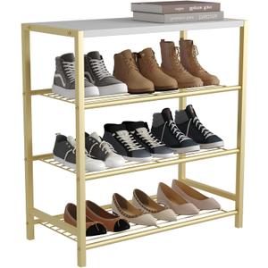 HOMEFORT 4-Tier Shoe Rack, Shoe Storage Shelf, Industrial Shoe Tower, Narrow Shoe Organizer for Closet Entryway, Small Shoe Rack Table with Durable Metal Shelves, Gold