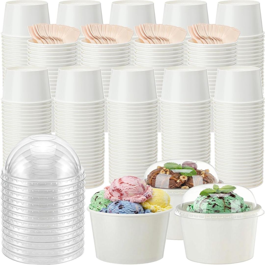 200 Pack Ice Cream Cups with Dome Lids No Hole and Spoons Bulk Disposable Paper Dessert Bowls White Sundae Containers for Snack Yogurt Soup Birthday Summer Ice Cream Party Supplies (8 oz)