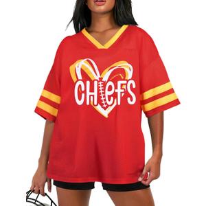 Oversized Football Game Day Shirt Women Sunday Funday Jersey Football Team Fans Mesh Tshirt V Neck Heart Graphic Tops, Oversized Football T-shirt, M
