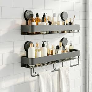 Shower Caddy Suction Cup 2 Pack with Hooks & Towel Rack, No Drilling | Quick Installation, No Drilling, Large Capacity, Metal Storage Basket, Max Hold 40 lbs, Multifunctional Storage