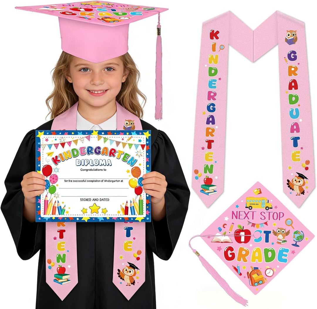 Kindergarten Graduation Sash and Diploma, Kindergarten Pink Stole Certificates and DIY Graduation Cap Set, Colorful Congrats Grad Gifts for Kinder Graduates