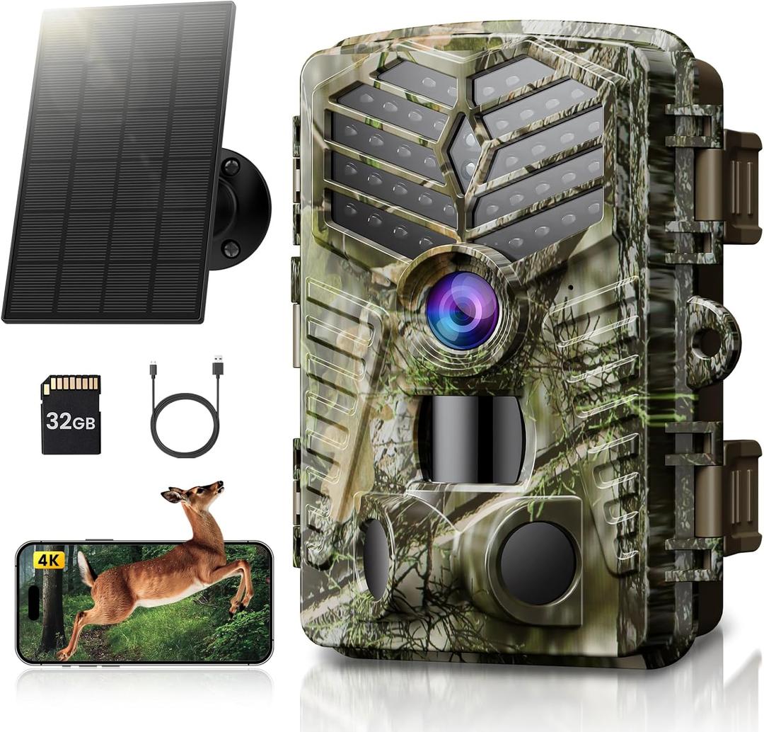 Solareye Trail Camera WiFi - Solar Powered 4K 64MP Game Cameras with Night Vision Motion Activated Waterproof with 32GB Micro SD Card, IP66 120 Detection Angle 0.2s Trigger 940nm No Glow LED Wildlife (Olive Green)