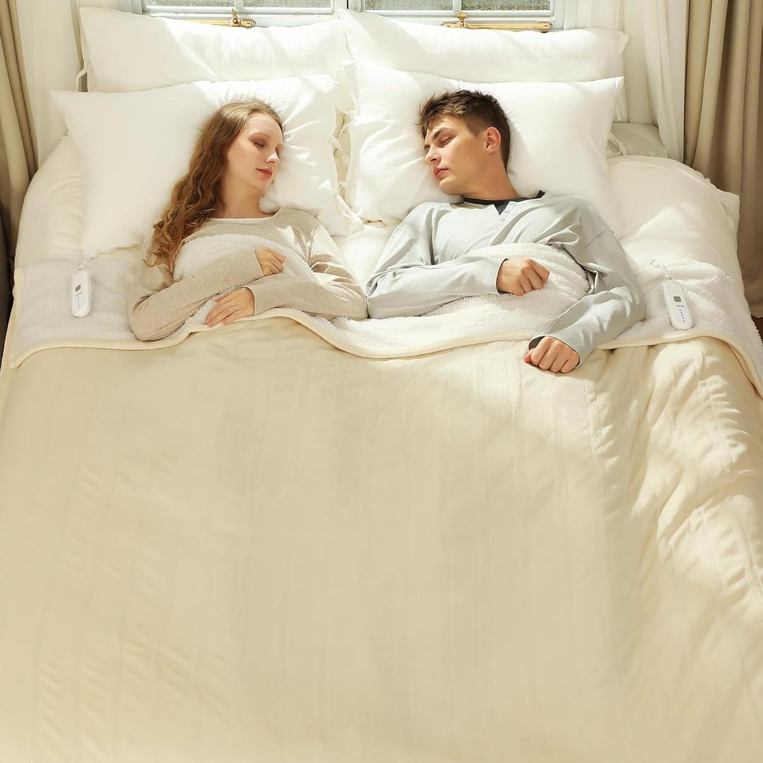 Queen Electric Blanket 84" x 90" - Flannel Sherpa Warm Heated Blanket Queen Size with Dual Control, 5 Heating Levels & 10 Hours Auto Off, Heating Blanket with Overheat Protection (White)