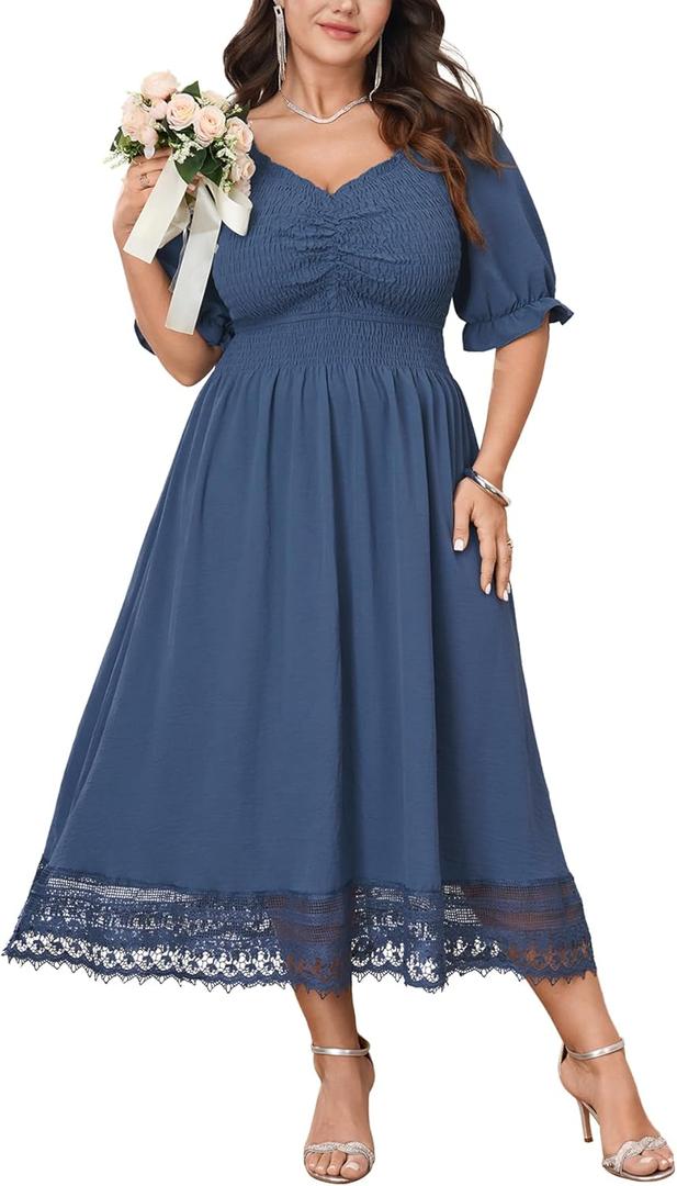 Plus Size Smocked Milkmaid Maxi Dress for Curvy Women Puff Sleeve Wedding Guest Summer Dresses Lace Trim (Blue, XL)