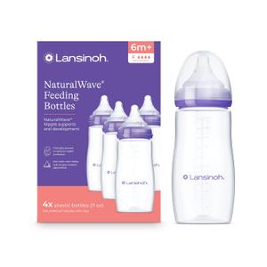 Lansinoh Anti-Colic Baby Bottles, BPA-Free Plastic, 11 Ounces, 4 Count, Fast Flow Nipples (Size F), Breastfeeding Bottle with NaturalWave Design