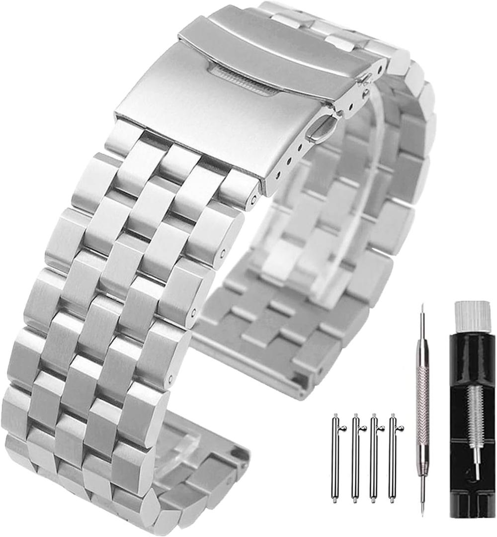 Kai Tian Brushed Stainless Steel Watch Band Strap 18mm/20mm/22mm/24mm/26mm Metal Replacement Bracelet with Double-Lock Deployment Clasp For Men Women Black/Silver/Two Tone IP Black