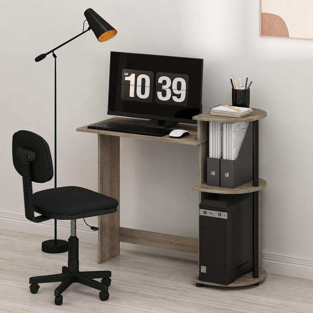 Furinno Compact 29-Inch Grey Computer Desk, Gaming Desk with Shelves, Office Desk with Book Shelf, for Home Office, Study Room, Dorm, Bedroom, Grey Oak, 28.5-in with 3 Rounded Shelves
