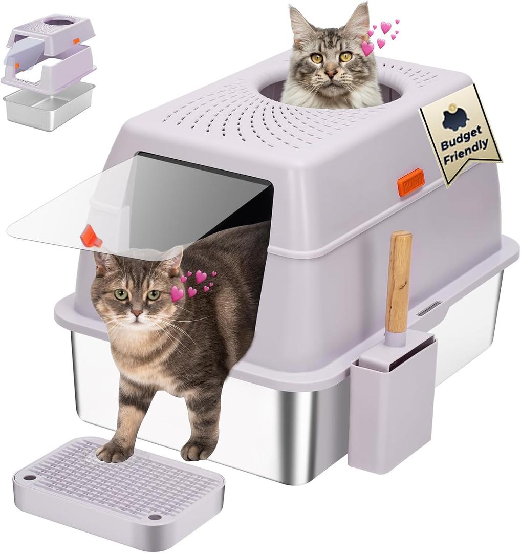 Stainless Steel Litter Box with Lid, SUS304 Metal Cat Litter Boxes, Enclosed Extra Large Kitty LitterBox High Wall, Jumbo Cat Toilet with Triple Pedal, Non-Sticky, Anti-Leakage (XL Purple)