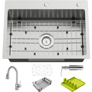 25x18In Drop In Kitchen Sink With Faucet,Stainless Steel,Single Bowl