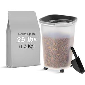 IRIS USA Airtight Dog Food Storage Container, Up to 25 lbs, Premium 60% Improved Airtightness with Seal & Air Valve, 2 Cup Scoop, Removable Wheels, Keep Fresh, Pet Food Bin Holder, Black (Black Lid)
