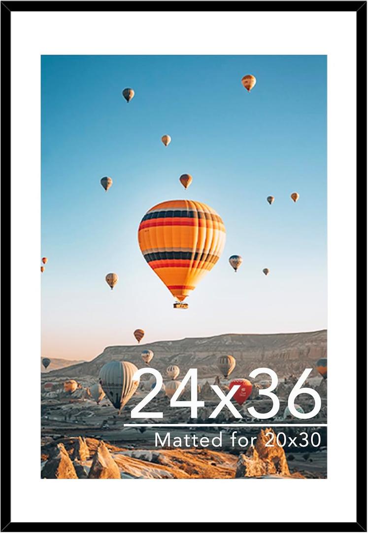 JCJMY 24x36 Picture Frame with 20x30 Mat, Display Photo 20x30 with Mat or 24 x 36 Without Mat, Wall Hanging Large 24 by 36 Poster Frame with Plexiglass, Black