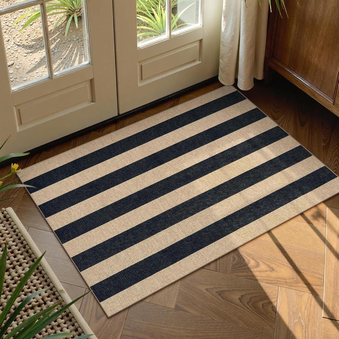 Lahome Elance Striped Easy Jute Rug, 2x3 Entryway Rug Indoor Outdoor Front Door Mat, Farmhouse Neutral Non Slip Non Shedding Washable Kitchen Mats for Floor Foyer