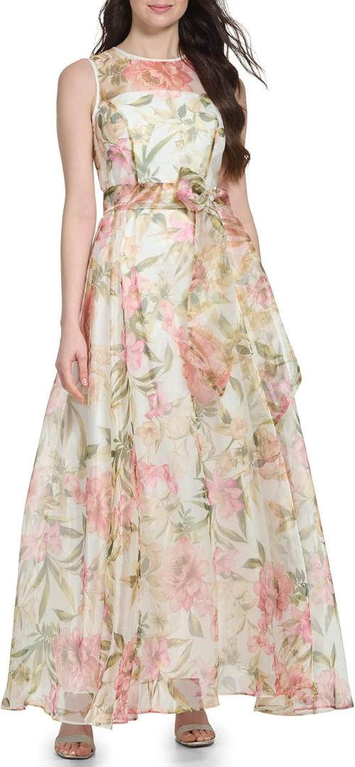 Eliza J Women's Plus Size Gown Style Floral Organza Sleeveless Jewel Neck Dress, Ivory Multi, Size 22 Plus