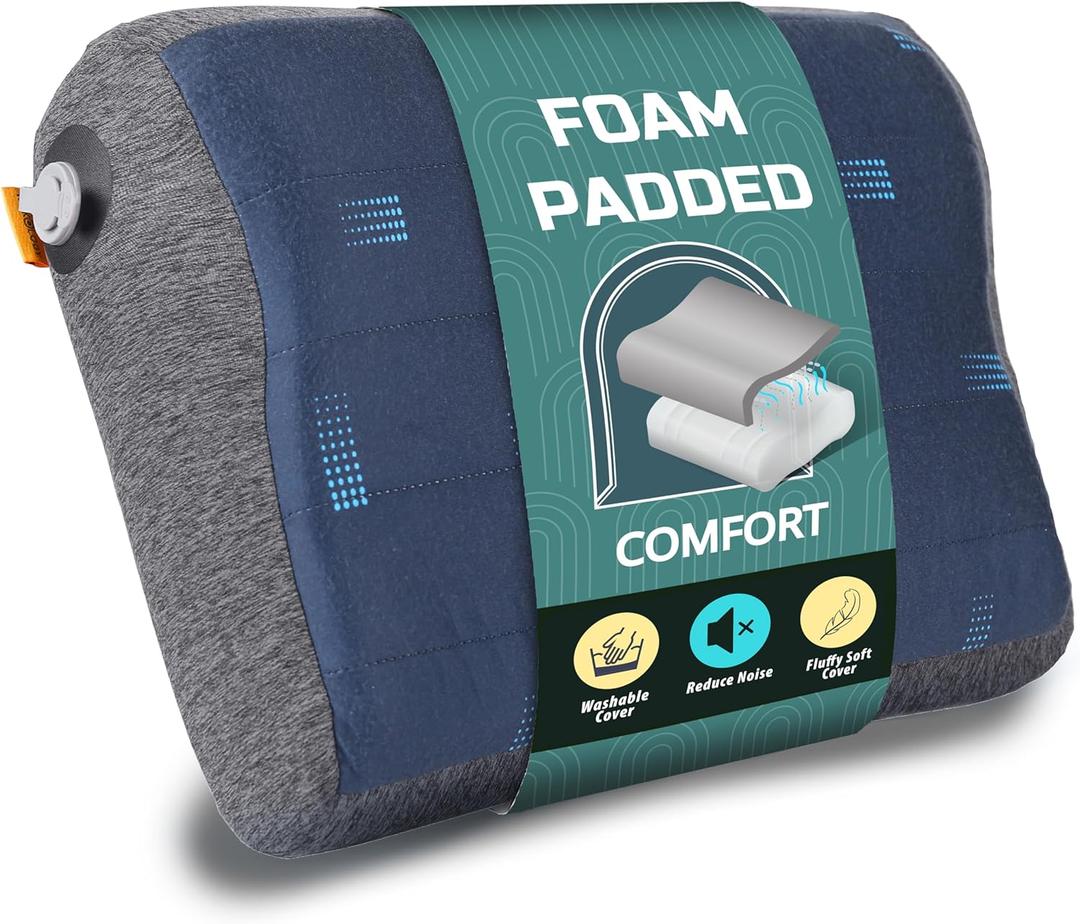 TREKOLOGY Premium Inflatable Camping Pillow with Removable Foam-Padded Case  Noise-Reducing, Ergonomic Design for Outdoor, Backpacking, and Air Travel ALUFT Pro (Blue)