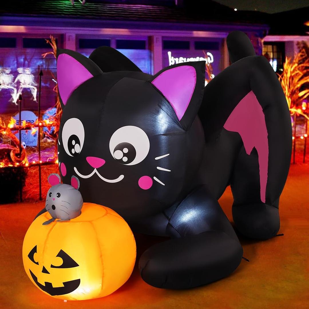 COMIN 5 FT Halloween Inflatables Cat Outdoor Decorations Blow Up Yard Pumpkin with Built-in LEDs for Indoor Party Garden Lawn Decor