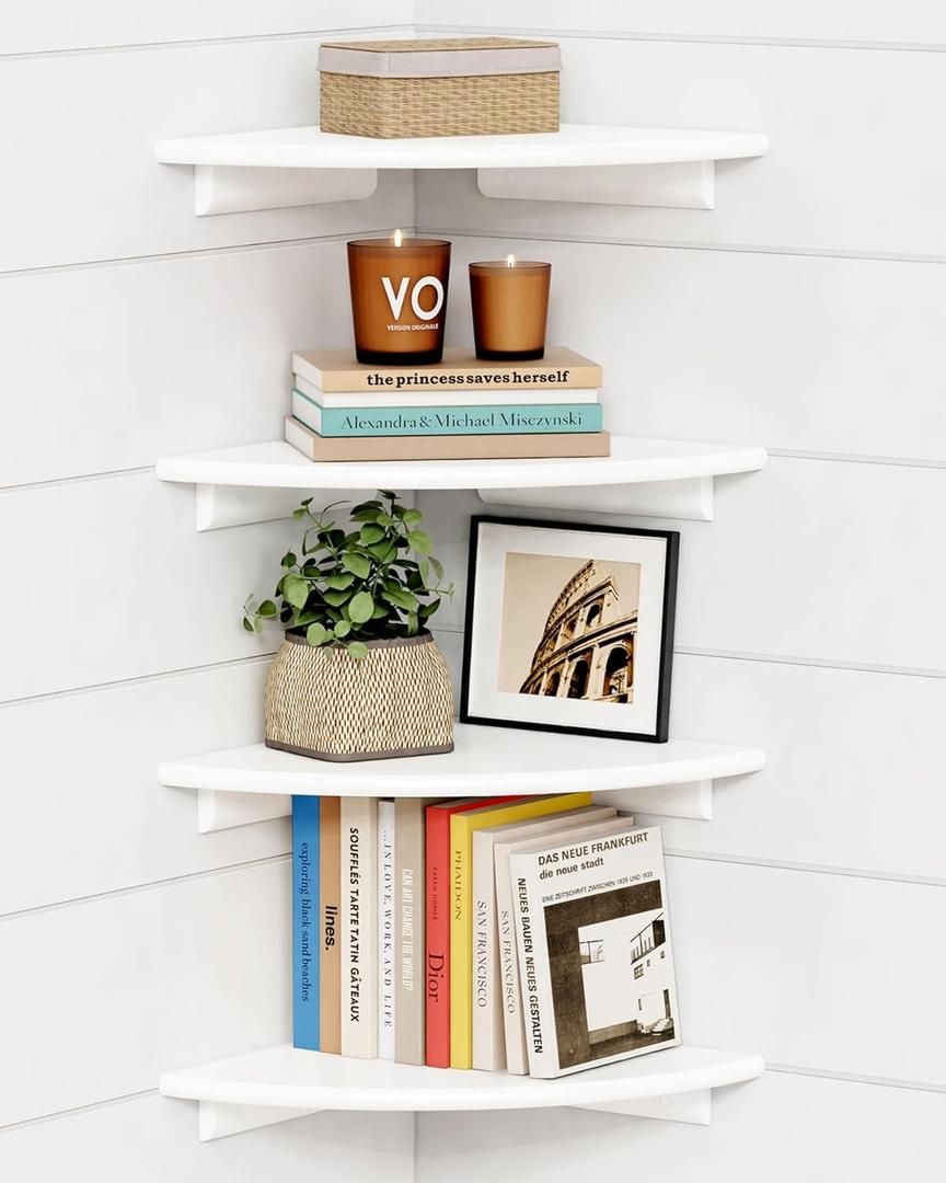 Forbena Corner White Floating Book Shelves for Wall Set of 4, Wood Nursery Corner Bookshelf for Kids Bedroom, Large Modern Round Wall Bookshelves for Living Room Decor, Indoor Plants, Bathroom (12" Depth)
