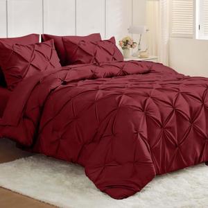 JOLLYVOGUE King Size Comforter Set 7 Pieces - Bed in a Bag King for All Season, Pintuck Bedding Comforter Sets with Comforter, Flat Sheet, Fitted Sheet and Pillowcases & Shams, Burgundy