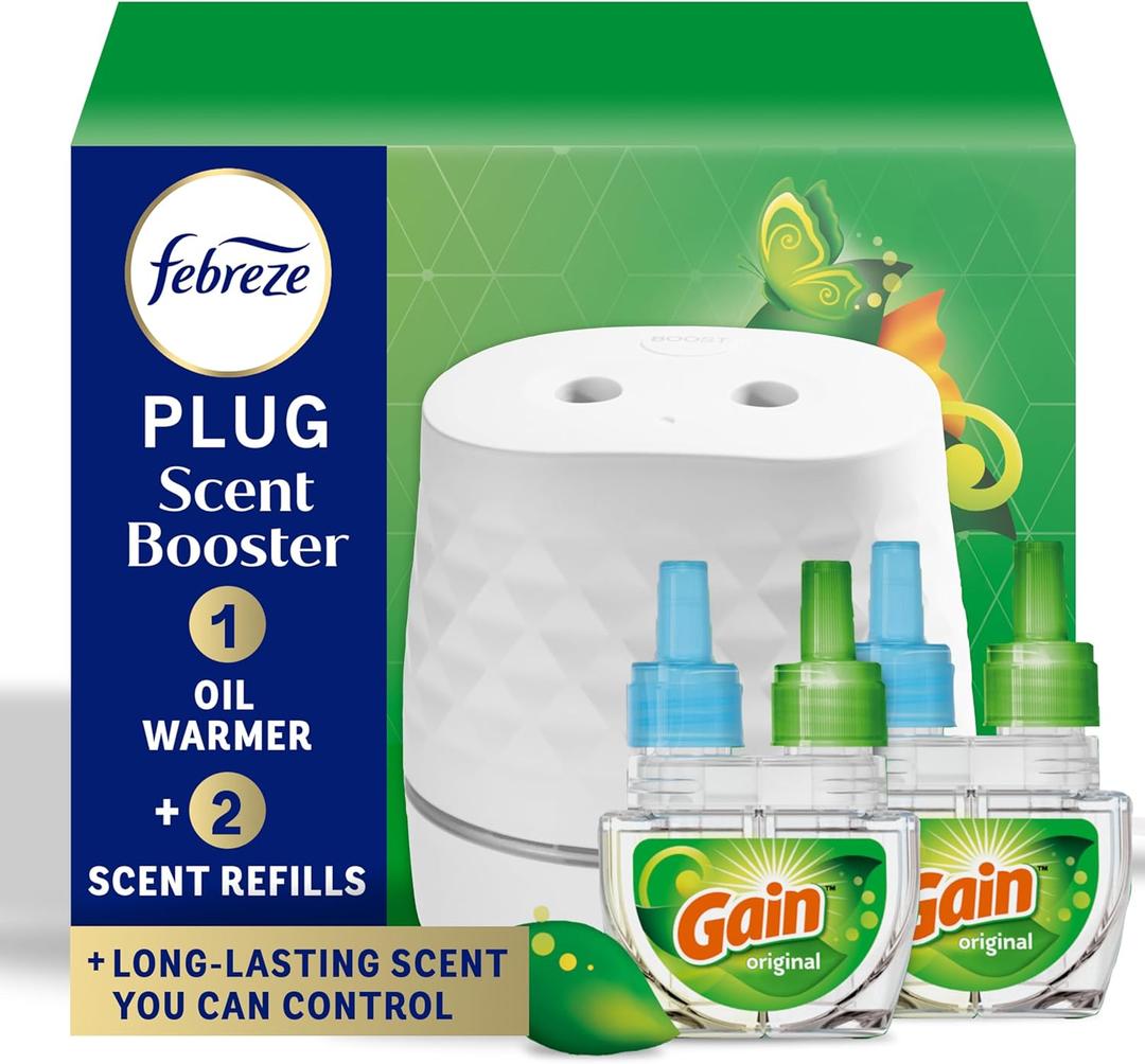 Febreze Plug Scent Booster Starter Kit  Air Freshener, Oil Diffuser, Continuous Scent Device, Includes 2 Gain Refills
