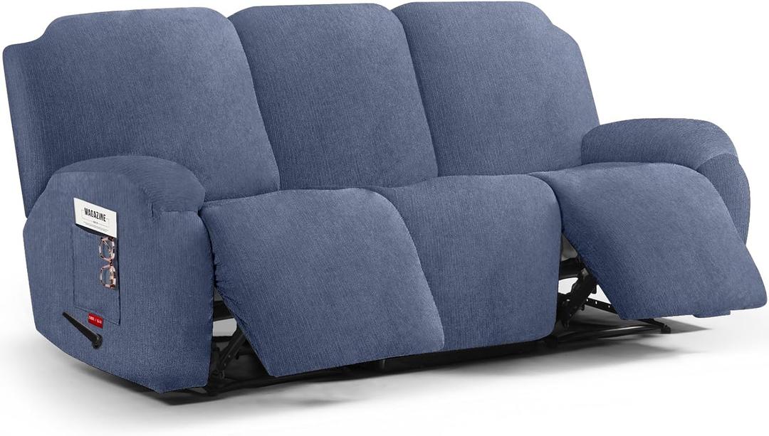 Stretch Recliner Sofa Cover - 5 Pieces Plush Fabric Slipcovers & Durable Furniture Protector for Reclining Couch, Ideal for Kids and Pets (3 Seater, Blue Gray)