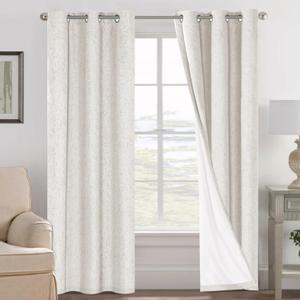H.VERSAILTEX Ivory Curtains Blackout, 100% Blackout Linen Curtains with White Thermal Insulated Liner, Grommet Drapes Blackout Curtains for Living Room (2 Panels, 42 x 84 Inch, Ivory)