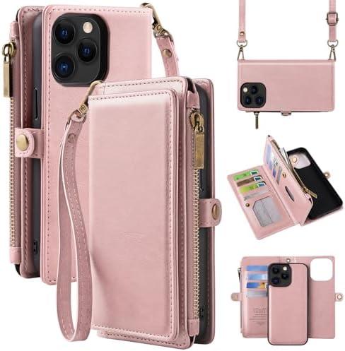 MInCYB for iPhone 13 Wallet Case with Card Holder (12 Card Slots) - PU Leather Case for Women & Men, Wireless Charging, Detachable Magnetic, Crossbody Strap, Shockproof Protective Phone Cover. Pink